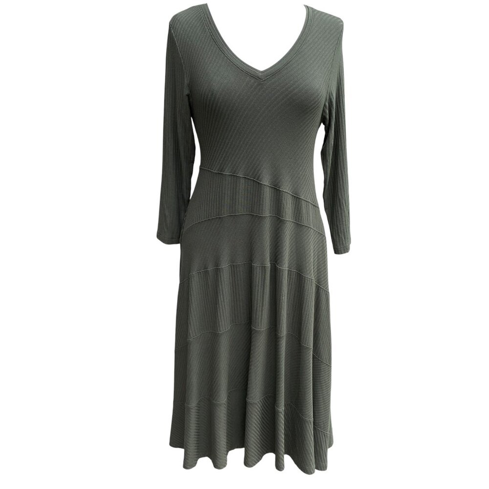 Soft Surroundings Molly Jersey Tiered Midi Dress Olive Green Ribbed Minimalist-S